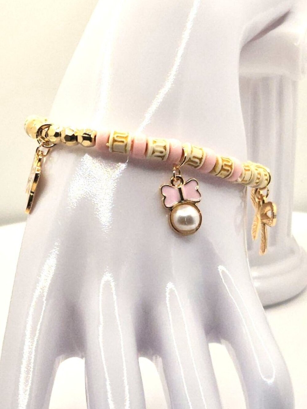 Gold And Pink Beaded Charm Bracelet With Bow And Faux Pearl Accents Dainty Desig